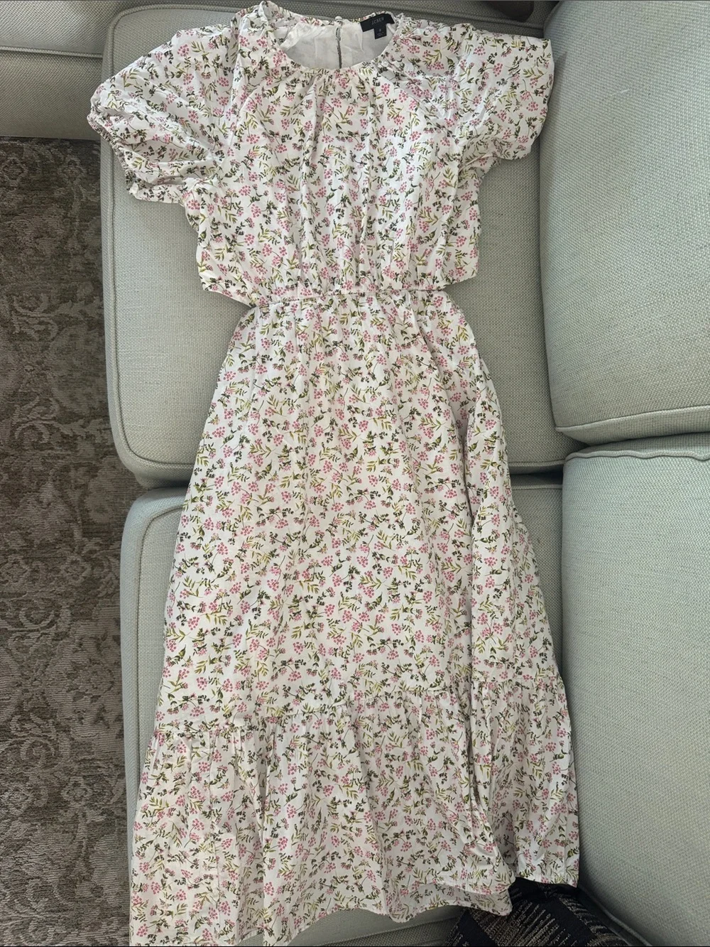 J. Crew White Floral Midi Dress with Pink & Green Print